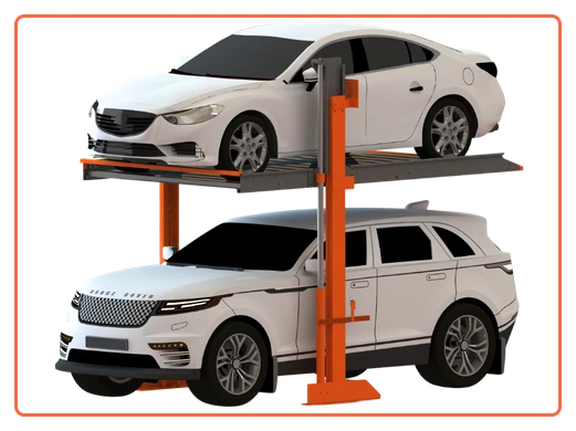 2 post 2 level double stack parking system with two cars parked vertically, showing a cost-effective stack car parking system for residential, commercial, and valet parking spaces in India.
