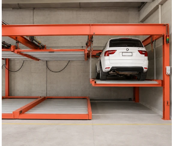 Mechanical parking system with vertical car lift platform for space-saving mechanical car parking in residential and commercial buildings.