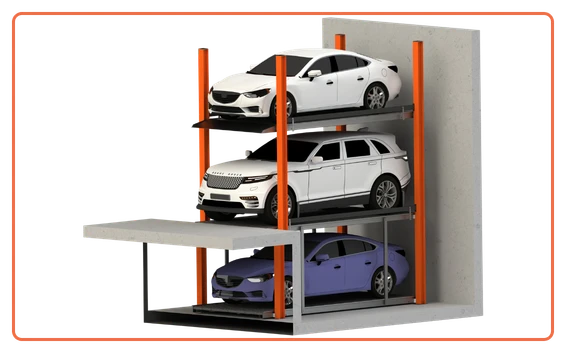Pit parking system with one car parked above ground and another lowered below, designed to save space in basements and low-ceiling parking areas.
