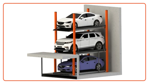 i-CUBE pit parking system showing three cars arranged with one at ground level and two stored below ground for space-saving parking
