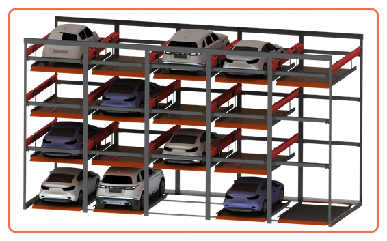 Puzzle parking system with multiple cars on sliding platforms that move up, down, and sideways for efficient mechanical car parking in apartments and offices.