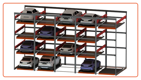 i-CUBE puzzle parking system with multiple cars arranged in a vertical and horizontal grid for high-density space-saving parking