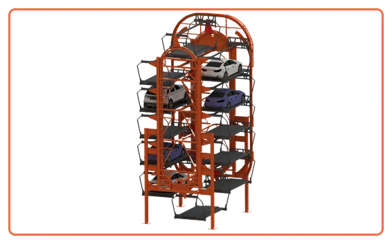 Rotary parking system with cars arranged in a vertical rotating loop, designed to save space and increase parking capacity in very tight plots and showrooms.