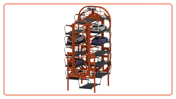 i-CUBE rotary parking system with cars arranged in a vertical rotating loop for high-density space-saving parking