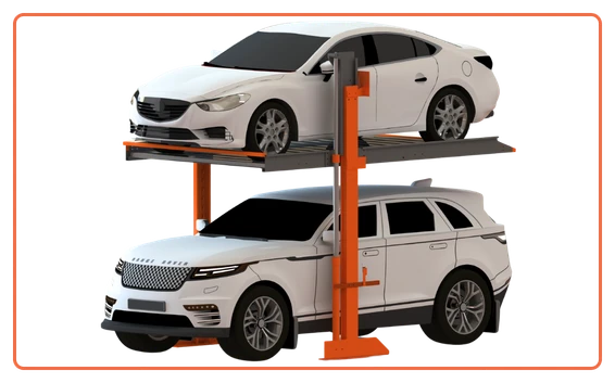 Stack parking system with one car lifted on the upper platform and another parked below, designed for space-saving mechanical car parking.