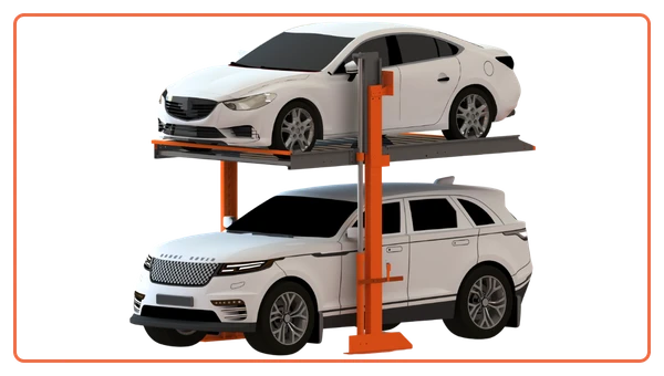 Two-level stack parking system by i-CUBE with vehicles parked on upper and lower platforms for efficient space utilization