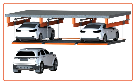 Suspended parking system with cars parked on raised platforms, keeping the ground area free and using overhead space efficiently.