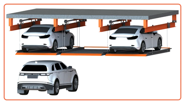 i-CUBE suspended parking system with cars lifted on overhead-supported platforms to keep ground space open for parking movement