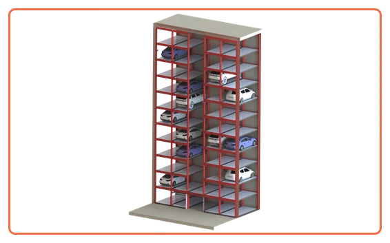 Tower parking system with multiple cars stored vertically on both sides of a central lift, designed for high-capacity mechanical car parking in premium and high-rise projects.