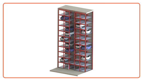 i-CUBE tower parking system with cars stacked vertically in a fully automated multi-level structure for high-density parking