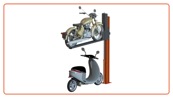 i-CUBE two-wheeler parking system with bike and scooter arranged on vertical racks for space-saving parking