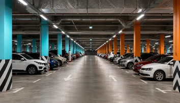 Indoor parking facility evaluated using car parking simulation for traffic flow and peak-hour planning.