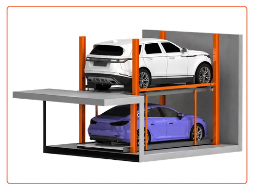 -CUBE 2 level pit stack parking system with one car at ground level and one car below ground.