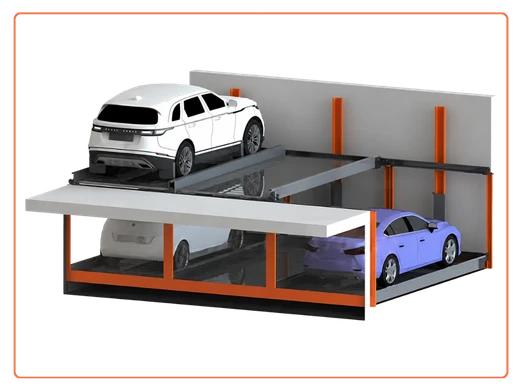 i-CUBE 2 level pit puzzle parking system with independent vehicle retrieval and ground-level top pallets.