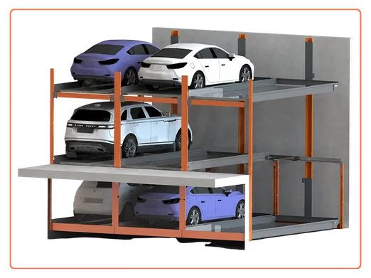 i-CUBE 3 level pit puzzle parking system with two underground grid levels, triple capacity and independent vehicle retrieval.