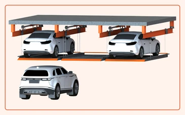 Suspended Parking System Suspended parking system platform hung from the ceiling in an automated parking system
