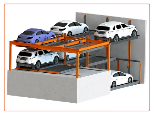 Hydraulic puzzle parking system with multi-level car parking platforms for independent vehicle retrieval and space-saving parking in India.