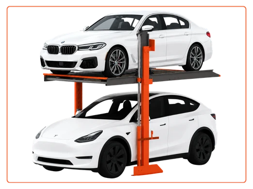 Hydraulic stack parking system with two-level car parking lift for space-saving vehicle parking in India.