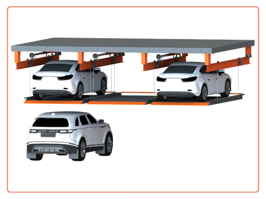 Hydraulic suspended parking system with ceiling-mounted car parking platforms for basement retrofits and space-saving parking in India.