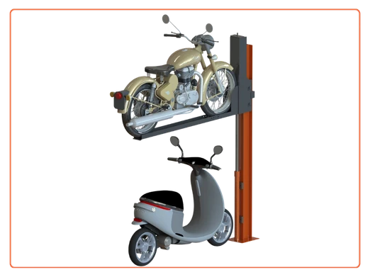Hydraulic two-wheeler parking system with vertical lift platform for scooters and motorcycles, designed for compact space-saving parking in India.