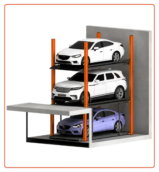 Alt Text: i-CUBE pit stack parking system and pit puzzle parking system for three cars below ground.