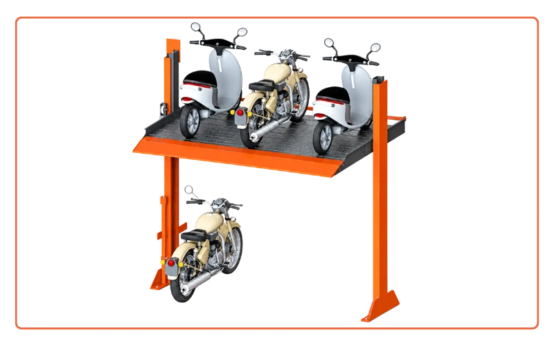 Group two-wheeler stack parking system holding three bikes above and three below