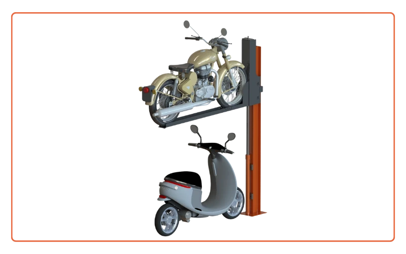 Single two-wheeler stack parking system with one bike on the raised deck and one parked below