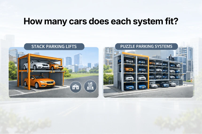 Stack parking vs puzzle parking capacity: cars per system compared