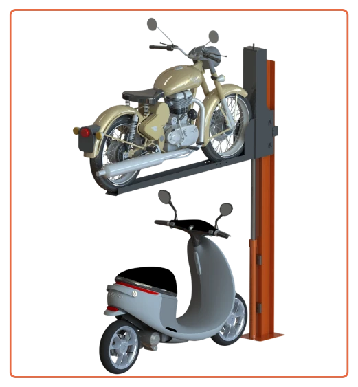 Two wheeler parking system by i-CUBE — bikes stacked on a hydraulic platform