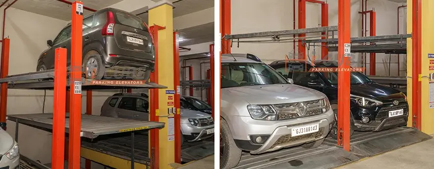 Three-level pit parking elevators installed at the Kshitij Aria residential project in Ahmedabad by i-CUBE Parking Elevators.